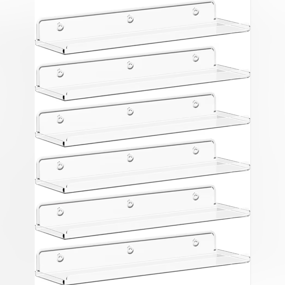 NWT 6 Pack Acrylic Clear Floating Shelves Wall Collectibles 15 Inch With Lip